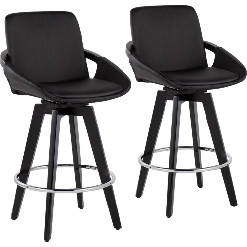 Cosmo 26" Swivel Counter Stool in Black Leatherette, Black Wood & Chrome (Set of 2)